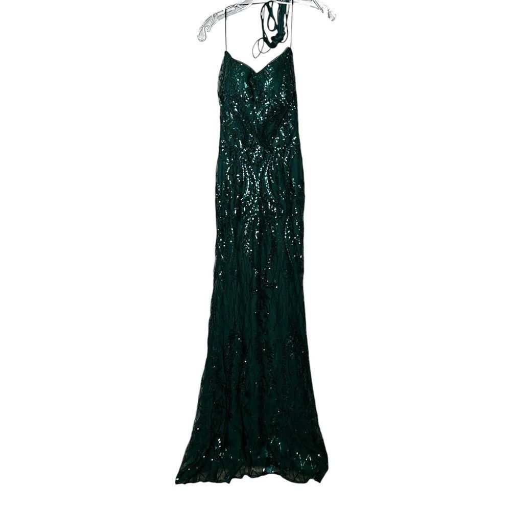 NWT PromGirl Statement-Back Long Sequin Prom Dress Hunter green - Picture 7 of 15